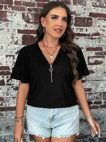 SHEIN LUNE 大碼半拉鏈插肩袖T恤 - 黑色 - 查看 4