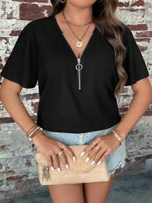 SHEIN LUNE 大碼半拉鏈插肩袖T恤 - 黑色 - 查看 5