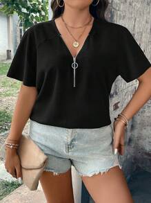 SHEIN LUNE 大碼半拉鏈插肩袖T恤 - 黑色 - 查看 6