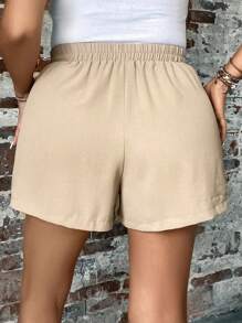 SHEIN LUNE 大碼前打結闊腿短褲 - 卡其色 - 查看 2