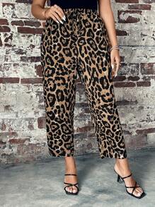 SHEIN LUNE 大碼豹紋印花前繫帶長褲 - 彩色 - 查看 4