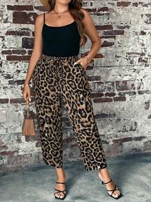 SHEIN LUNE 大碼豹紋印花前繫帶長褲 - 彩色 - 查看 5