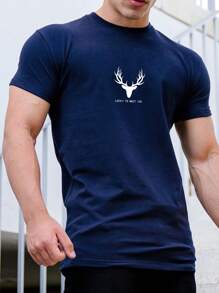 Manfinity Homme Men Deer & Slogan Graphic Tee - Navy Blue - View 1
