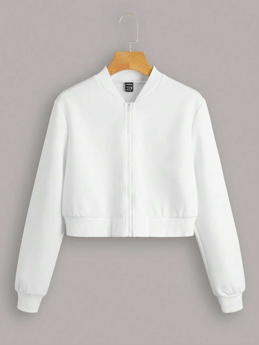 SHEIN LUNE Solid Zip Up Bomber Jacket - White - View 1