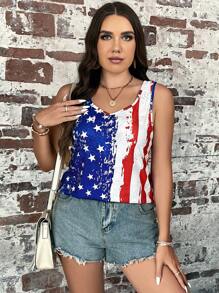 SHEIN LUNE 大碼美式印花背心上衣 - 彩色 - 查看 5