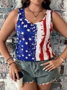 SHEIN LUNE 大碼美式印花背心上衣 - 彩色 - 查看 6