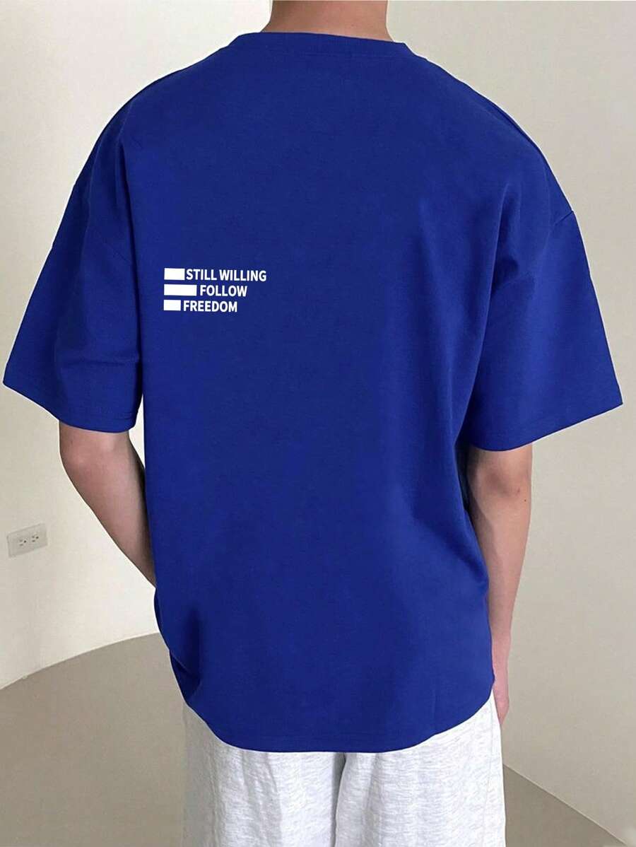 Claim Dot 宽松版型男款标语图案落肩 T 恤皇家蓝色衬衫蓝色 T 恤男款蓝色图案衬衫 - 藍色 - 查看 1