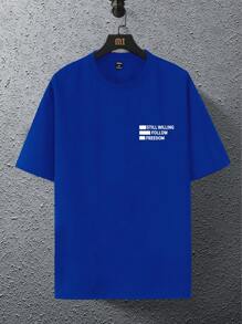 Claim Dot 宽松版型男款标语图案落肩 T 恤皇家蓝色衬衫蓝色 T 恤男款蓝色图案衬衫 - 藍色 - 查看 4