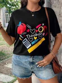 SHEIN LUNE Camiseta con estampado de letras y estampado de tallas grandes - Negro - Ver 1