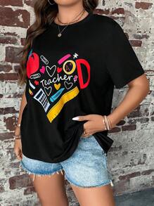 SHEIN LUNE Camiseta con estampado de letras y estampado de tallas grandes - Negro - Ver 3