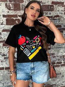 SHEIN LUNE Camiseta con estampado de letras y estampado de tallas grandes - Negro - Ver 4