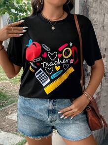 SHEIN LUNE Camiseta con estampado de letras y estampado de tallas grandes - Negro - Ver 5