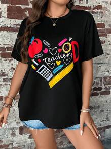 SHEIN LUNE Camiseta con estampado de letras y estampado de tallas grandes - Negro - Ver 6