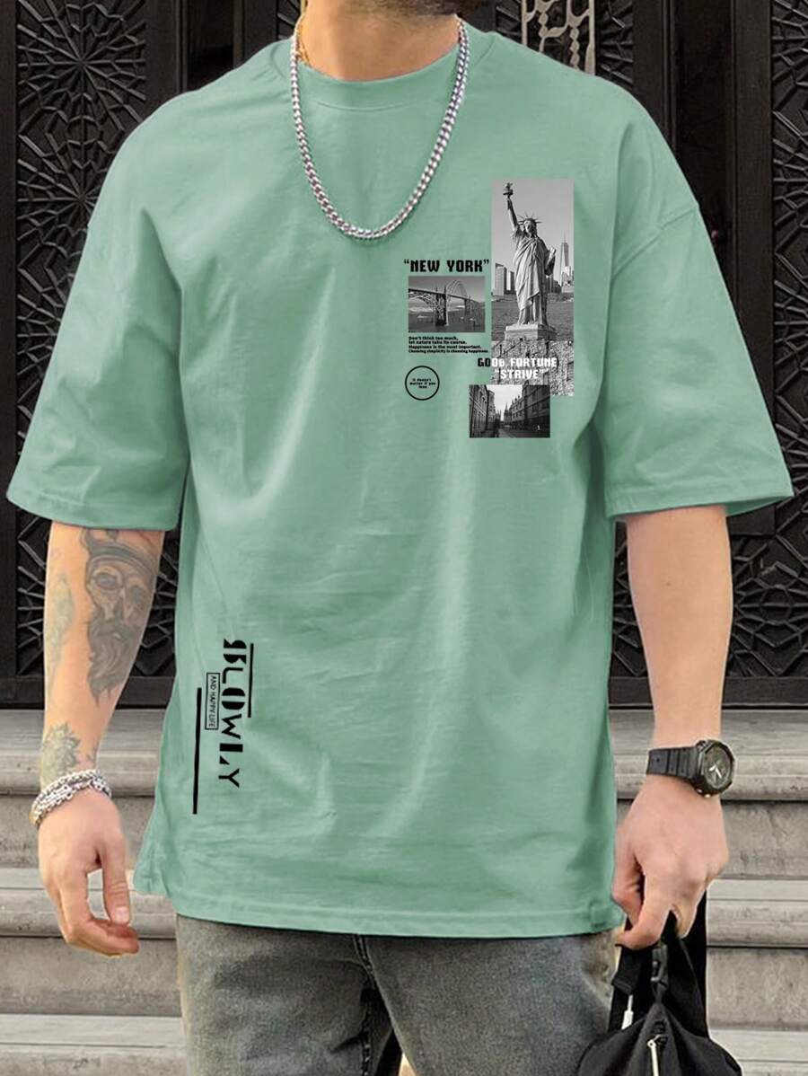 Manfinity Hypemode Lỏng lẻo phù hợp Nam In thư Thả vai Áo thun - Màu xanh Bạc hà - Xem 1