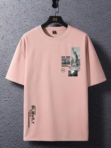 Manfinity Hypemode 宽松版型男士建筑与字母图案落肩 T 恤 - 藕粉色 - 查看 2