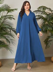 Mulvari Đầm Plus Size màu trơn Khiêm tốn - Màu xanh bụi bặm - Xem 1
