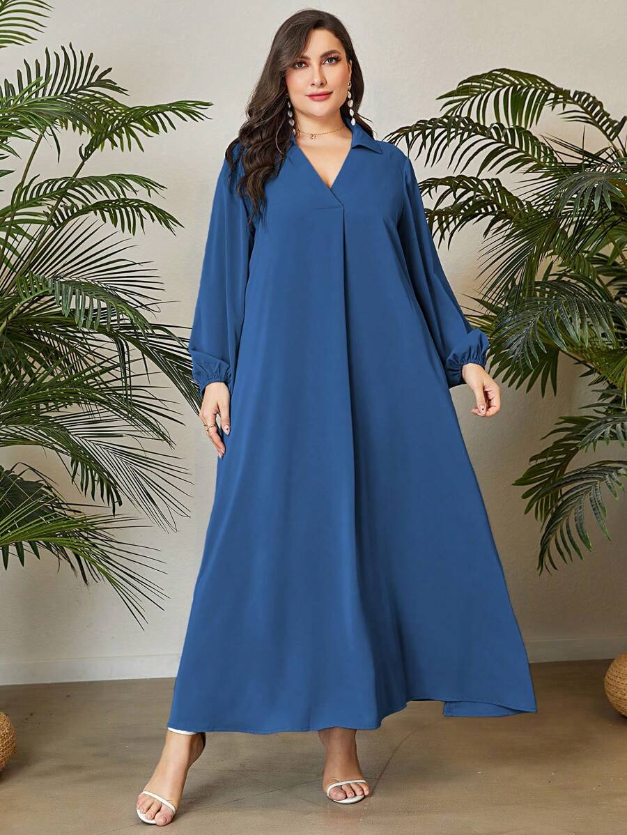 Mulvari Đầm Plus Size màu trơn Khiêm tốn - Màu xanh bụi bặm - Xem 1