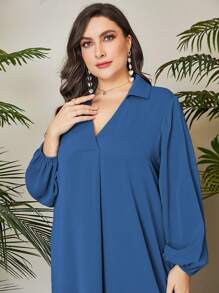 Mulvari Đầm Plus Size màu trơn Khiêm tốn - Màu xanh bụi bặm - Xem 3