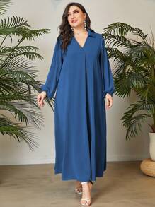 Mulvari Đầm Plus Size màu trơn Khiêm tốn - Màu xanh bụi bặm - Xem 4