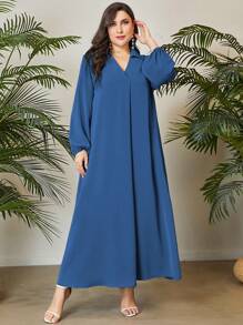 Mulvari Đầm Plus Size màu trơn Khiêm tốn - Màu xanh bụi bặm - Xem 5