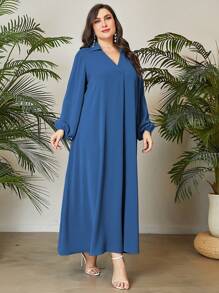 Mulvari Đầm Plus Size màu trơn Khiêm tốn - Màu xanh bụi bặm - Xem 6