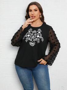 Mulvari Plus Floral Embroidery Swiss Dot Mesh Sleeve Top - Black - View 3