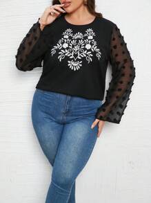 Mulvari Plus Floral Embroidery Swiss Dot Mesh Sleeve Top - Black - View 6