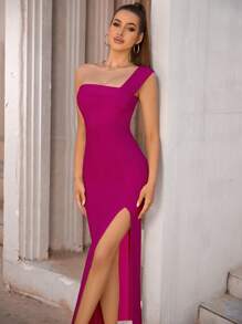 ADYCE 單肩高衩緊身連衣裙 - 玫紅色 - 查看 3