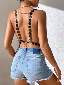 Allurite Sequin Crop Wide Strap Top - Black - View 2