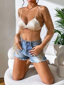 Zolique Rhinestone Detail Fishnet Top Without Bra For New Year Holiday Party Clothes Fall Cloth For Women - Gold - View 4