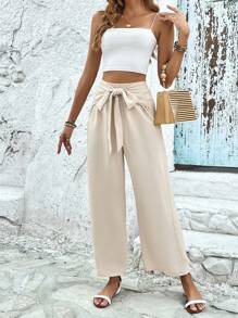 SHEIN Frenchy Solid Shirred Waist Knot Front Pants Casual - Apricot - View 4