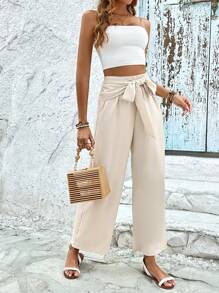 SHEIN Frenchy Solid Shirred Waist Knot Front Pants Casual - Apricot - View 6