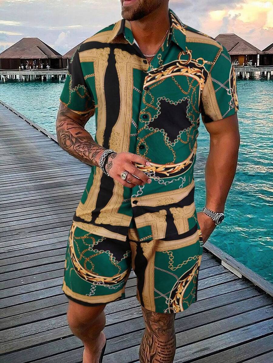 Manfinity RSRT Men Random Chain Print Shirt & Shorts Set - Green - View 1