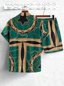 Manfinity RSRT Men Random Chain Print Shirt & Shorts Set - Green - View 2