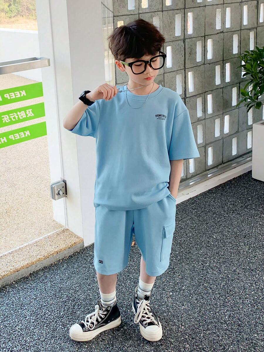 zosee 青少年男孩字母圖案落肩T恤和短褲 - 藍色 - 查看 1