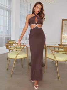 D&M Đầm Lộ Lưng Cắt ra Buộc lại Tách cao màu trơn Gợi cảm - Cà phê nâu - Xem 1