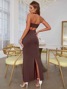 D&M Đầm Lộ Lưng Cắt ra Buộc lại Tách cao màu trơn Gợi cảm - Cà phê nâu - Xem 2