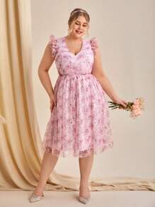 SHEIN Belle Plus Allover Floral Embroidery Mesh Overlay Bridesmaid Dress - Multicolor - View 5