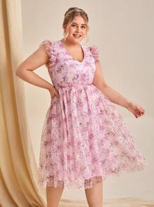 SHEIN Belle Plus Allover Floral Embroidery Mesh Overlay Bridesmaid Dress - Multicolor - View 7