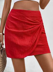 SHEIN VCAY 休閒不對稱 扭結 拉鍊純色女士半身裙 - 紅色 - 查看 4
