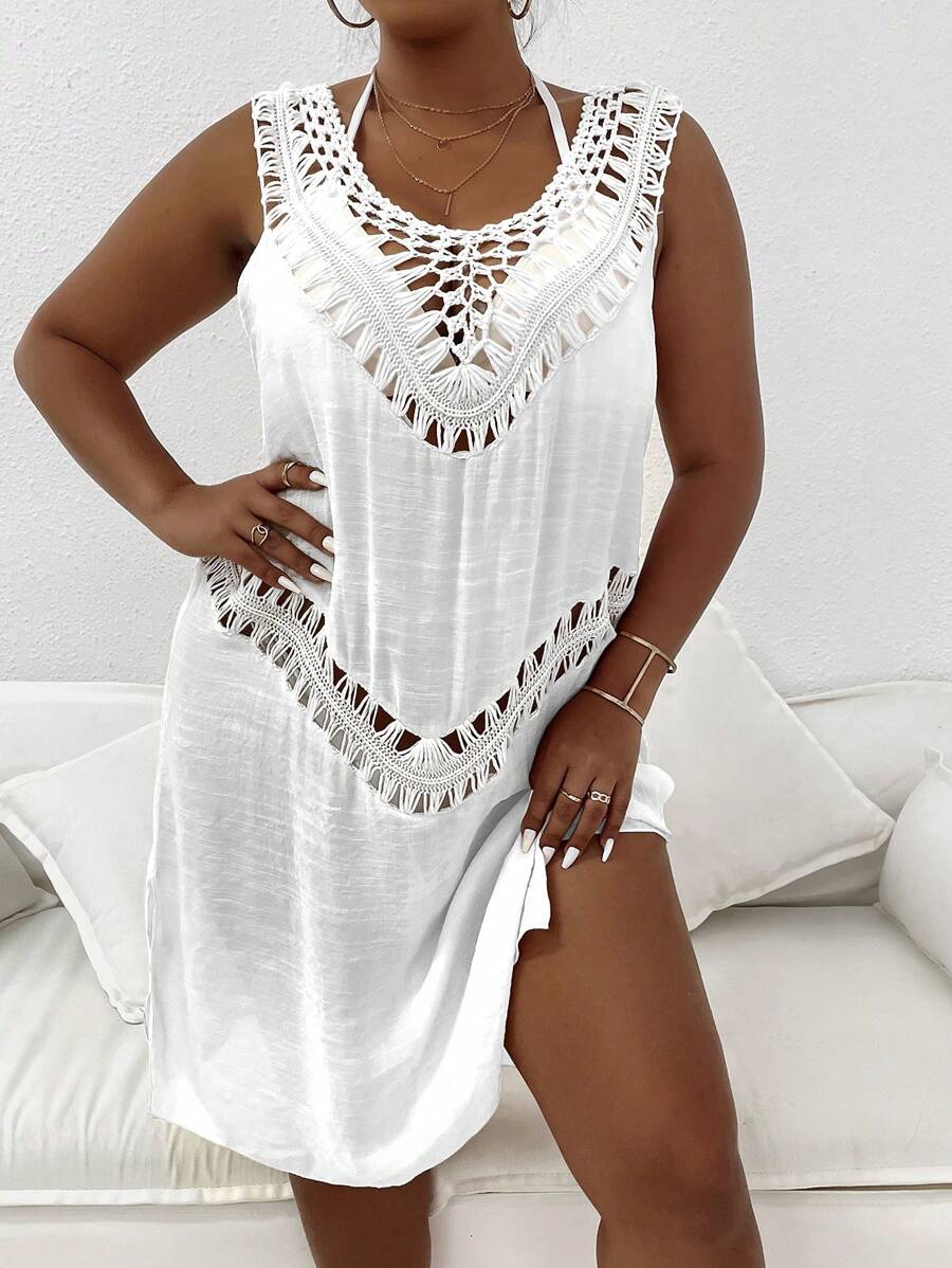 Plus Crochet Insert Hollow Out Cover Up Dress Without Bikini Set - White - View 1