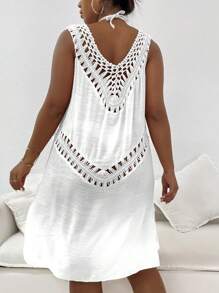 Plus Crochet Insert Hollow Out Cover Up Dress Without Bikini Set - White - View 2