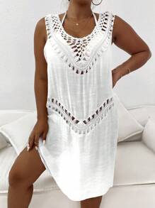 Plus Crochet Insert Hollow Out Cover Up Dress Without Bikini Set - White - View 3
