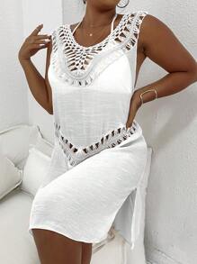 Plus Crochet Insert Hollow Out Cover Up Dress Without Bikini Set - White - View 5