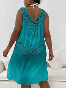 SHEIN Swim Curve Plus Size Women's Solid Color Knitted Round Neck Crochet Patchwork Casual Vest, Suitable For Holiday & Beach Bikini Cover Up, Summer