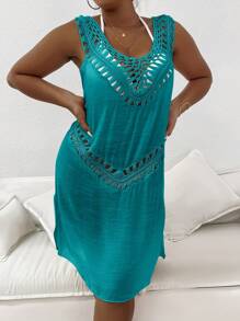 SHEIN Swim Curve Plus Size Women's Solid Color Knitted Round Neck Crochet Patchwork Casual Vest, Suitable For Holiday & Beach Bikini Cover Up, Summer