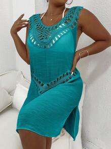 SHEIN Swim Curve Plus Size Women's Solid Color Knitted Round Neck Crochet Patchwork Casual Vest, Suitable For Holiday & Beach Bikini Cover Up, Summer