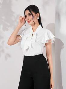 Modelyn Tie Neck Contrast Mesh Flounce Sleeve Summer Blouse - White - View 4
