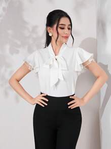 Modelyn Tie Neck Contrast Mesh Flounce Sleeve Summer Blouse - White - View 5