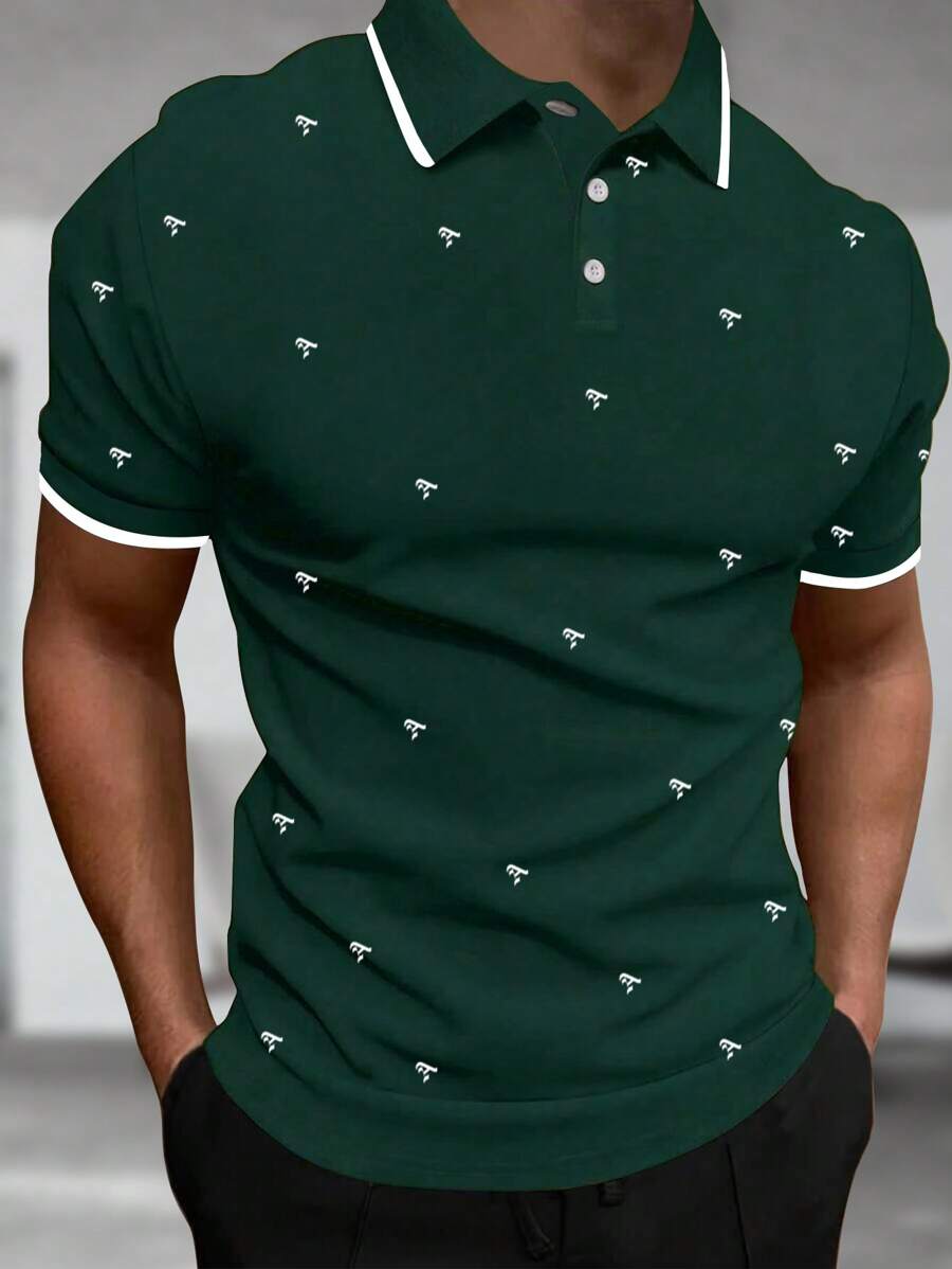 Manfinity Homme 男士字母圖案拼接邊POLO衫 - 墨綠色 - 查看 1